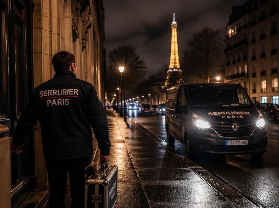 Serrurier arrivant de nuit dans une rue de Paris avec sa mallette